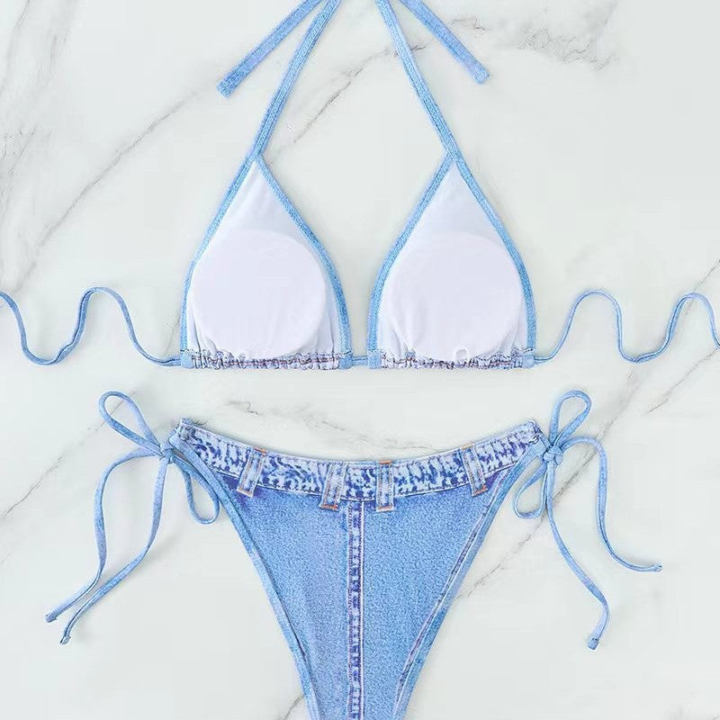 Damen Triangel-Bikini mit Jeans-Optik und geflochtenen BindNord Taschenändern
