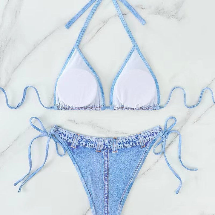 Damen Triangel-Bikini mit Jeans-Optik und geflochtenen BindNord Taschenändern