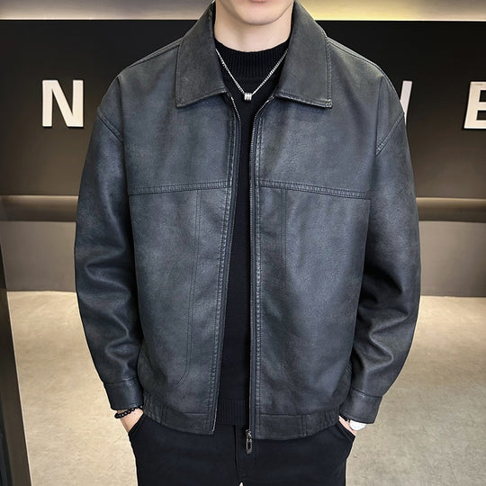Herren Oversize Utility-Bomberjacke aus Kunstleder mit geripptem Saum und Hemdkragen Nord Taschen
