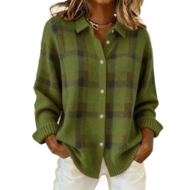 Damen Kariertes Strick-Hemdjacke-Cardigan mit Hemdkragen und gerippten Bündchen Nord Taschen