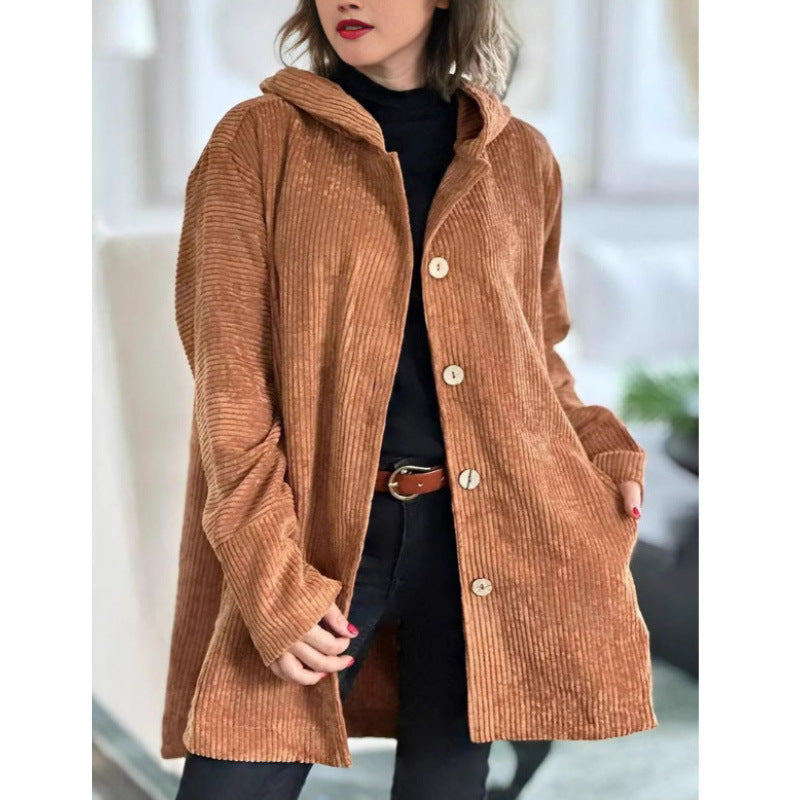 Damen Langer Kapuzen-Strickcardigan mit Rippenstruktur, Knopfleiste und Seitentaschen Nord Taschen