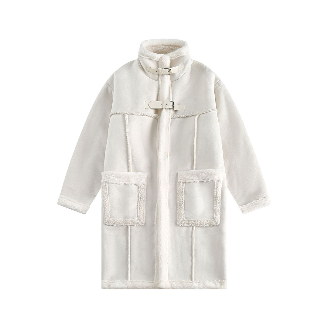 Damen Langer Oversize Lammfell‑Imitat Mantel mit Stehkragen und Schnallenverschluss Nord Taschen