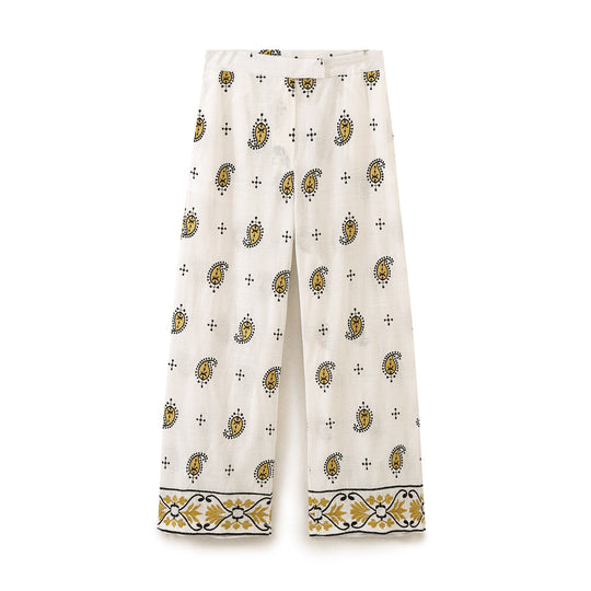 Damen Weite Leinenhose mit Paisley‑Print und besticktem Saum Nord Taschen