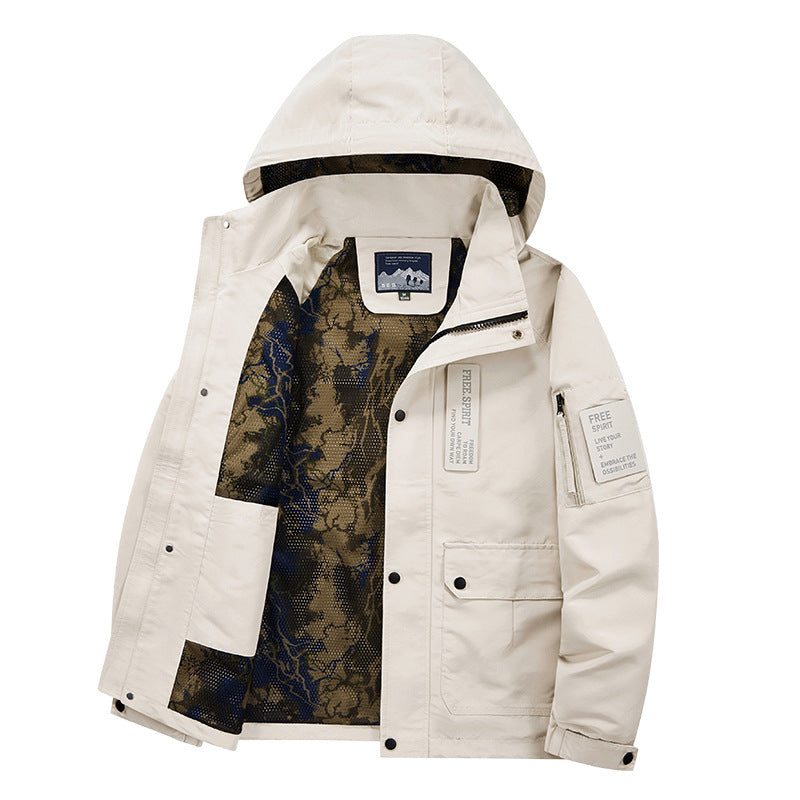 Herren Kapuzen-Fieldjacke mit Camouflage-Netzfutter und wasserabweisender Utility-Außenlage Nord Taschen