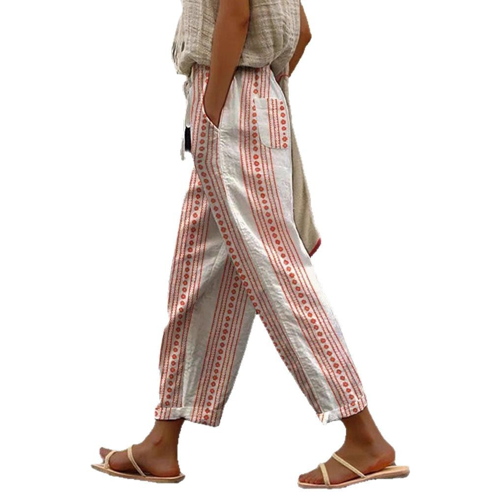 Damen Weite Leinenhose mit handgewNord Taschentem Muster