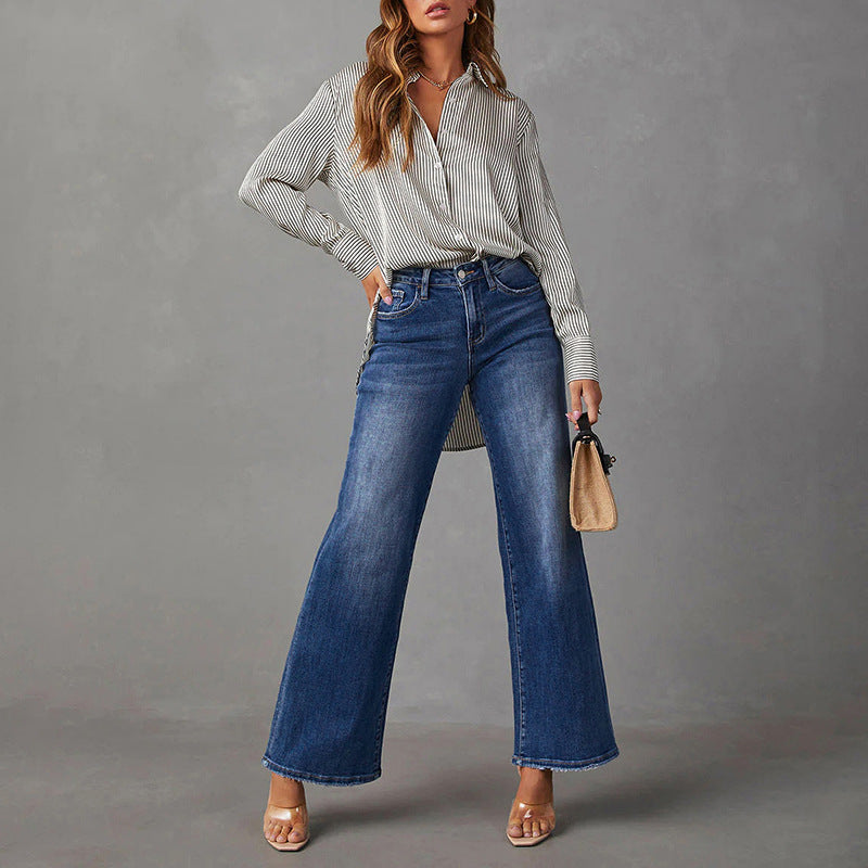 Damen High-Waist Denim-Schlaghose mit weitem Bein und leichter Vintage-Waschung Nord Taschen