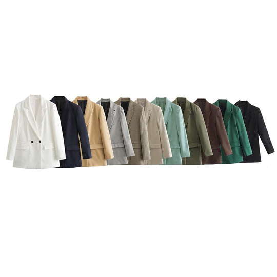 Damen Doppelreihiger Longblazer mit weitem Schalkragen und Pattentaschen Nord Taschen