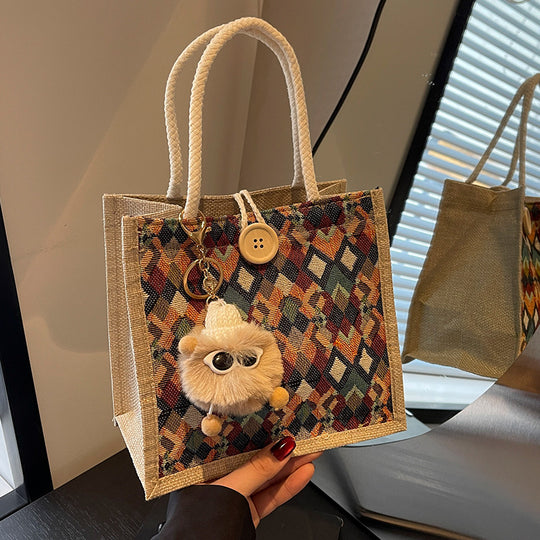 Damen modische Jute-Tragetasche mit buntem Grafikdesign Nord Taschen