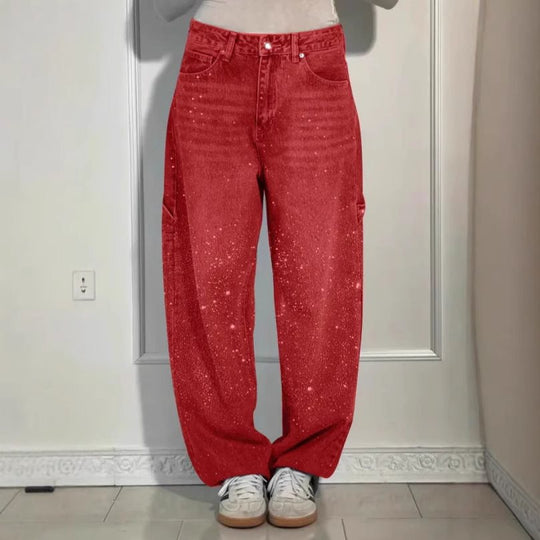 Damen High-Waist Jeans im weiten Cargo-Schnitt mit funkelndem Strassbesatz Nord Taschen