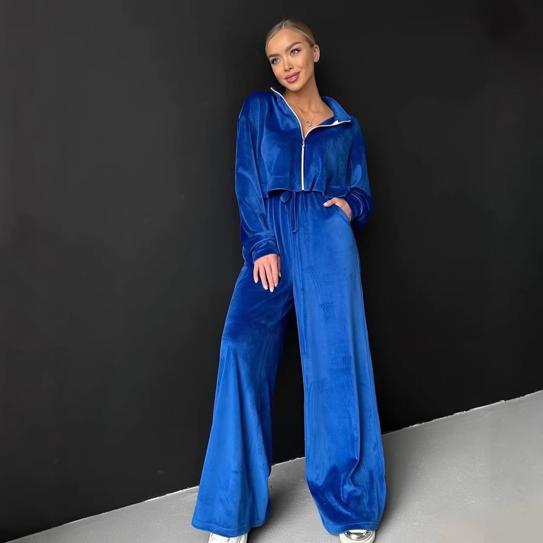 Damen gekürztes Velours-Cropped-Hoodie mit Stehkragen und elastischer High-Waist-Palazzo-Jogginghose Nord Taschen