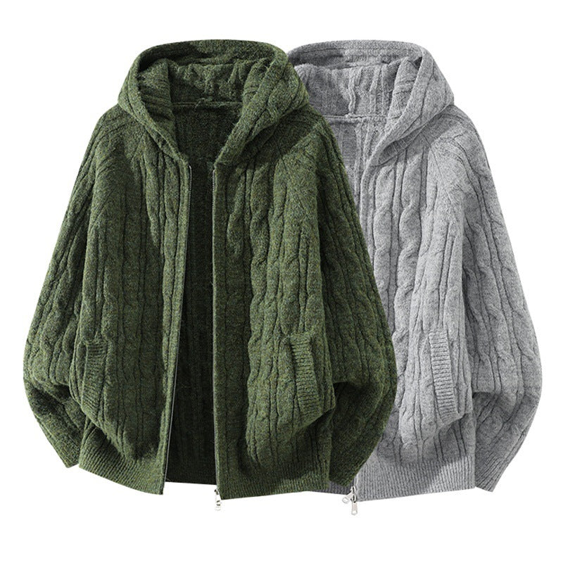 Damen Oversize Zopfstrick-Kapuzencardigan mit durchgehendem Reißverschluss und Ballonärmeln Nord Taschen