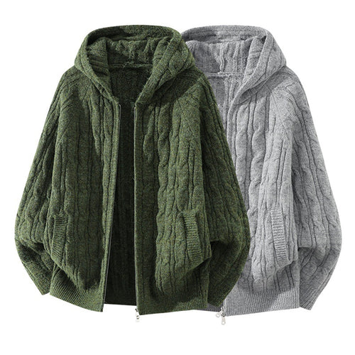 Damen Oversize Zopfstrick-Kapuzencardigan mit durchgehendem Reißverschluss und Ballonärmeln Nord Taschen