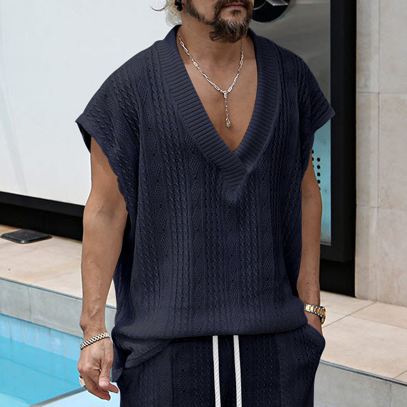 Herren lässiges Strick-T-Shirt mit V-Ausschnitt und oversized Schnitt