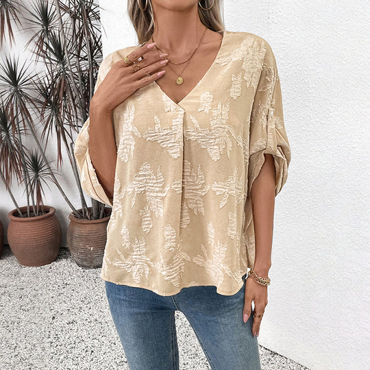 Damen Modische Bluse mit V-Ausschnitt und floralen Applikationen Nord Taschen