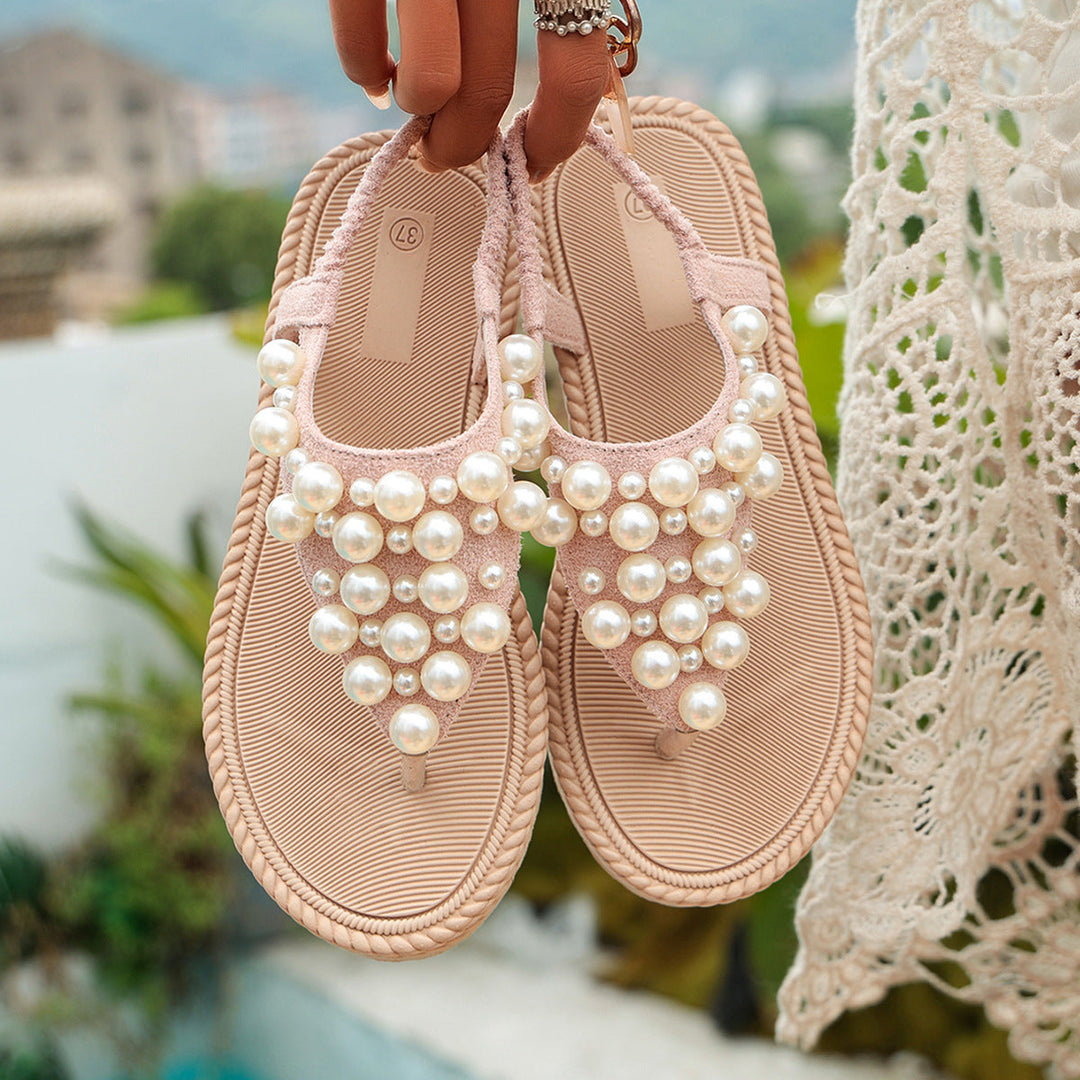 Damen elegante Zehentrenner-Sandalen mit Perl-Details