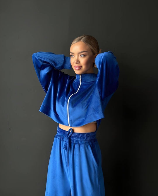 Damen gekürztes Velours-Cropped-Hoodie mit Stehkragen und elastischer High-Waist-Palazzo-Jogginghose Nord Taschen