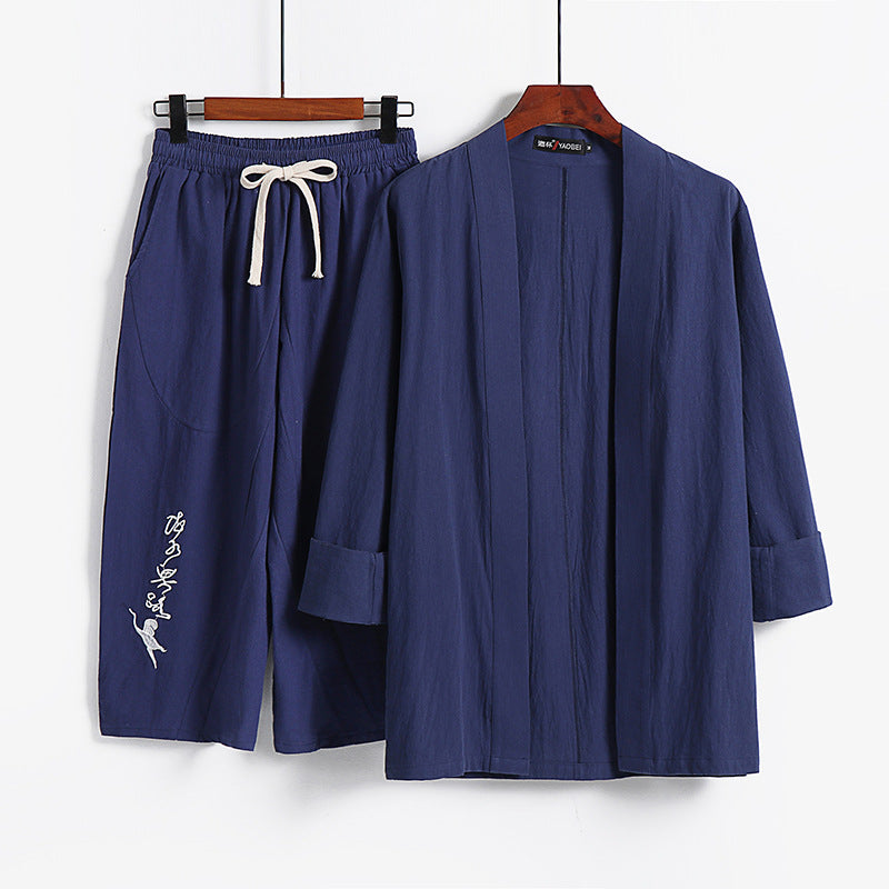 Damen Kimono-Set aus leichter Baumwollmischung offene Jacke mit lässig gekrempelten Ärmeln und weiter Haremshose mit Kordelzug Nord Taschen