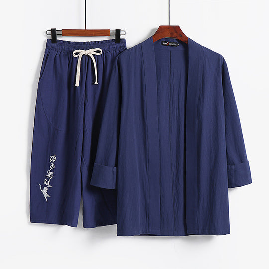Damen Kimono-Set aus leichter Baumwollmischung offene Jacke mit lässig gekrempelten Ärmeln und weiter Haremshose mit Kordelzug Nord Taschen