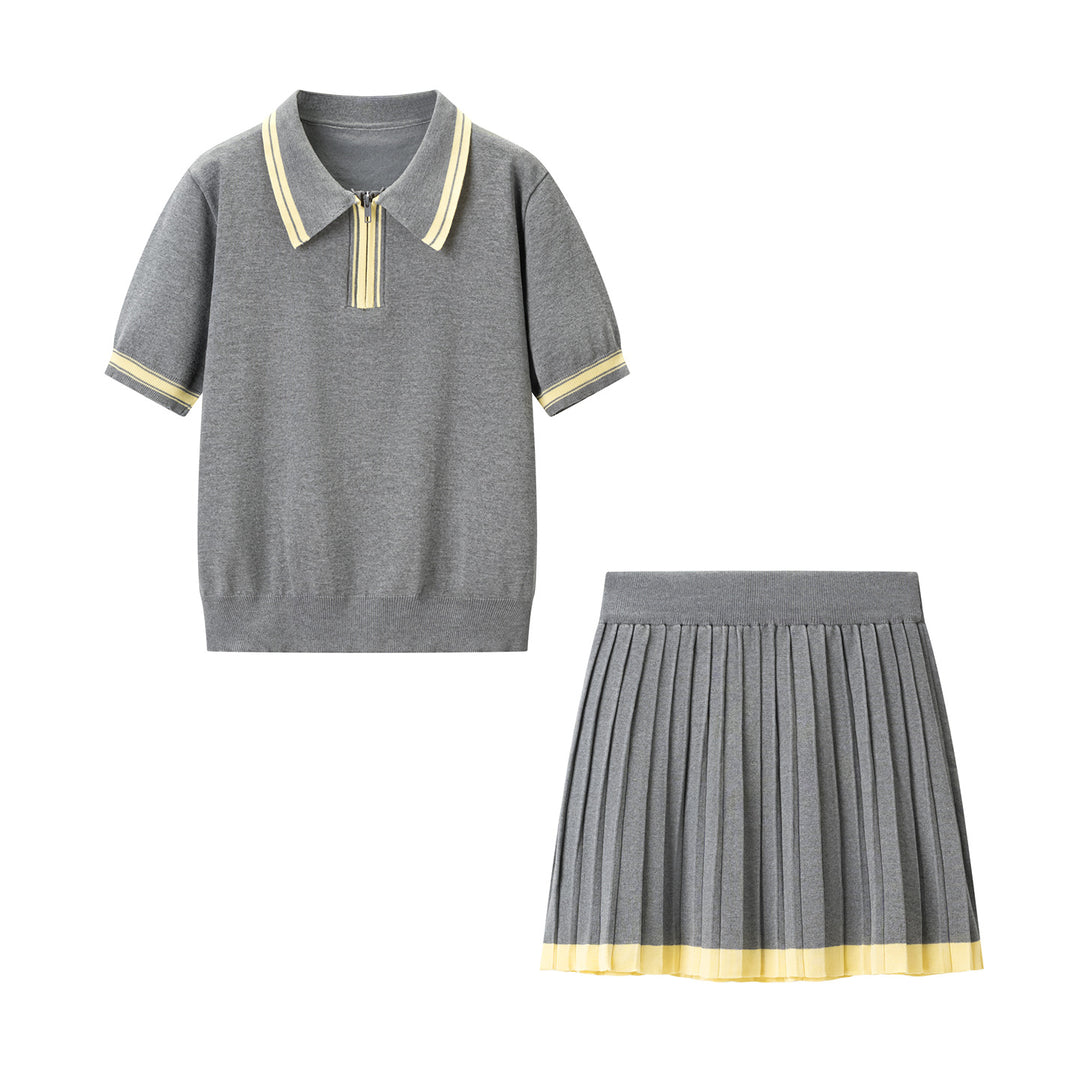 Damen Zweiteiliges Strick-Set mit Poloshirt und plissiertem Midirock Nord Taschen