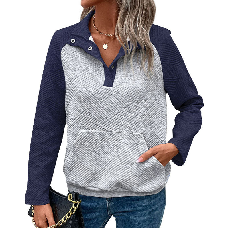Damen Stepp-Sweatshirt mit Henley-Knopfleiste, Kängurutasche und kontrastierenden Raglanärmeln Nord Taschen