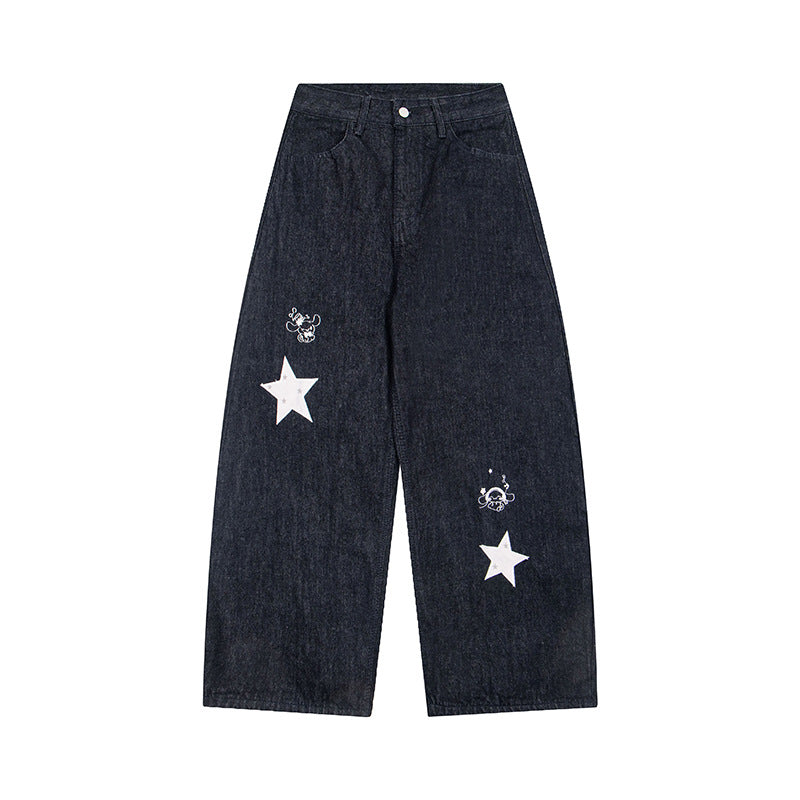 Damen Weite Denim-Palazzo-Jeans mit hohem Bund, Stern-Applikationen und Illustrativen Patches Nord Taschen