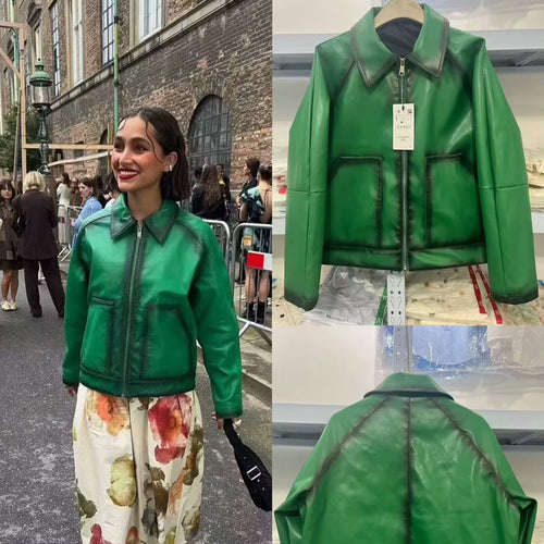 Damen Boxy-Kunstlederjacke mit großem Hemdkragen und durchgehendem Reißverschluss Nord Taschen