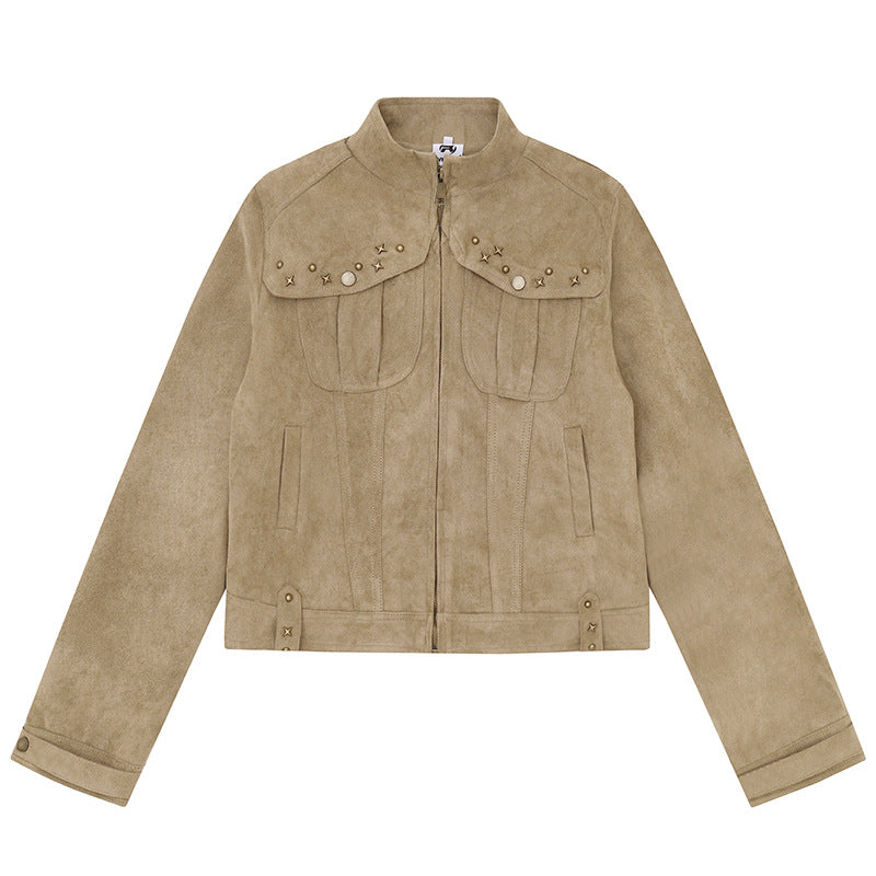 Damen Kurz geschnittene Velourslederjacke mit Stehkragen, Zier‑Nieten und Pattentaschen Nord Taschen