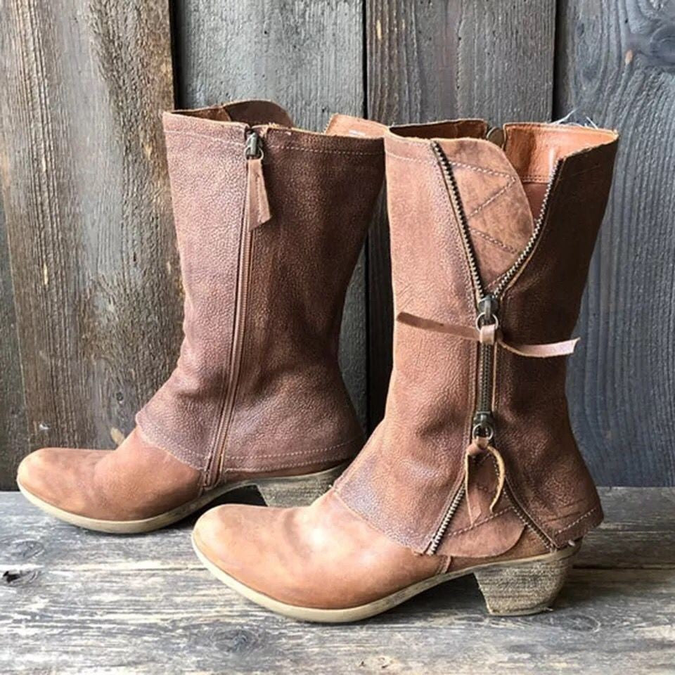 Damen Knöchel- bis wadenhohe Reißverschluss-Stiefel mit dekorativem Metallreißverschluss und niedrigem Blockabsatz Nord Taschen