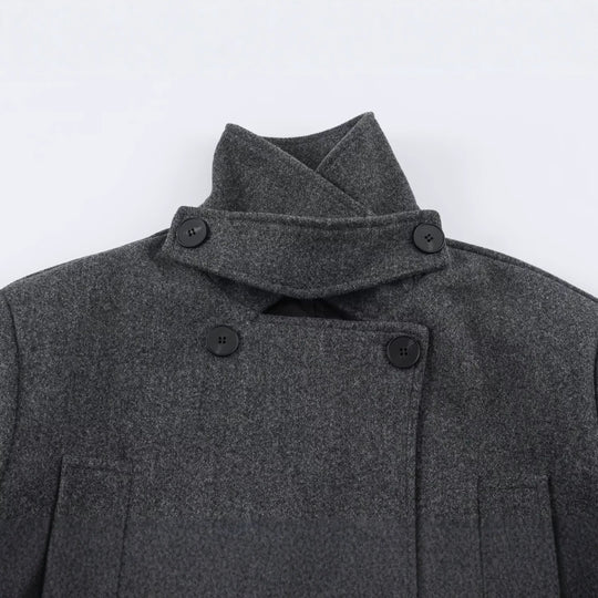 Damen Kurzer Doppelreihiger Wollmix-Mantel mit hohem Stehkragen und Taillengürtel Nord Taschen