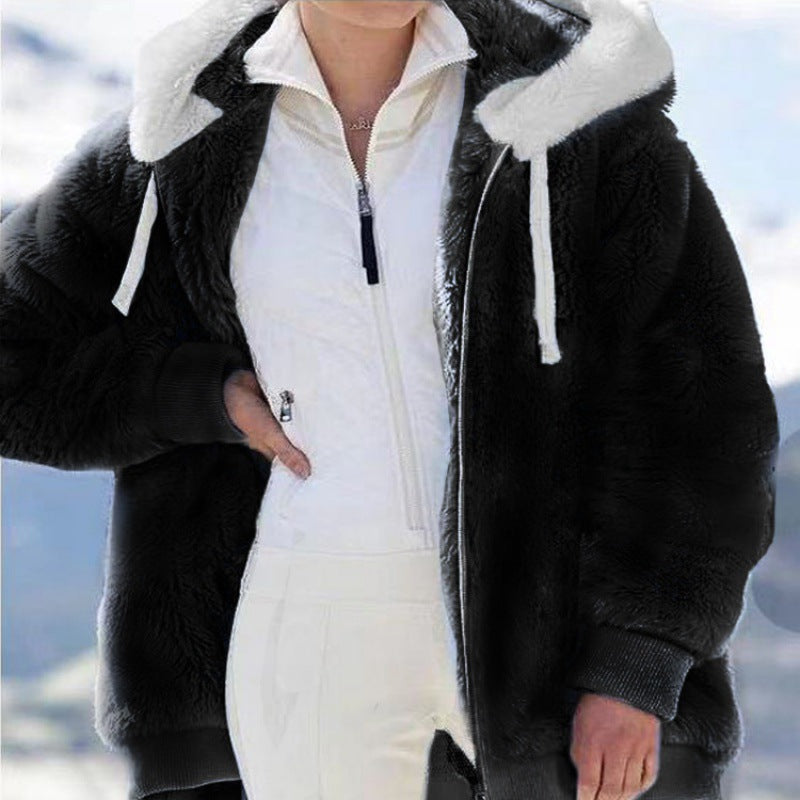 Damen Oversized Sherpa-Zipjacke mit Kontrastkragen, Rippbündchen und Kordelzug Nord Taschen