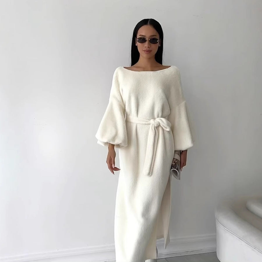 Damen Kuschel-Midikleid mit Bindegürtel und Ballonärmeln Nord Taschen