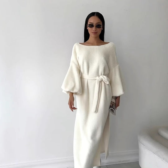 Damen Kuschel-Midikleid mit Bindegürtel und Ballonärmeln Nord Taschen