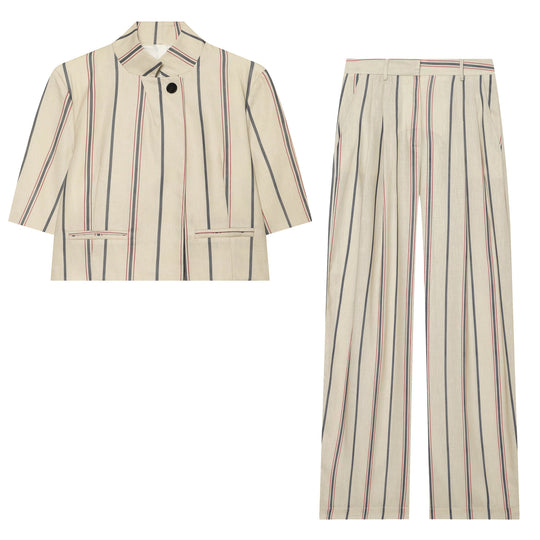 Damen Weite Leinenhose mit Bundfalten, hohem Bund und Längsstreifen Nord Taschen