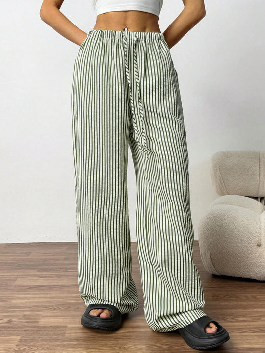 Damen Weite Highwaist-Hose mit Tunnelzug Streifen-Leinenoptik und Eingrifftaschen Nord Taschen