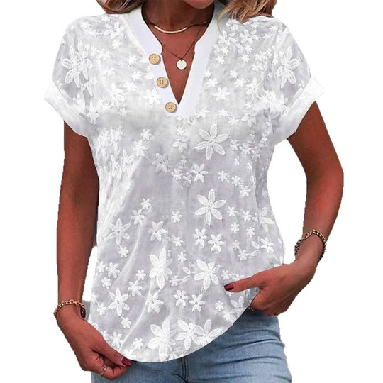 Damen Bluse mit floralem Stickmuster und klassischem V-Ausschnitt