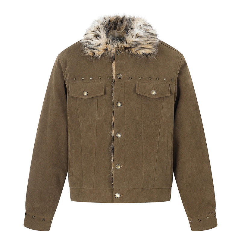 Herren Veloursleder-Truckerjacke mit Kunstfellkragen, Nietenbesatz und Druckknopfverschluss Nord Taschen