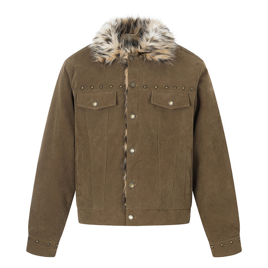 Herren Veloursleder-Truckerjacke mit Kunstfellkragen, Nietenbesatz und Druckknopfverschluss Nord Taschen