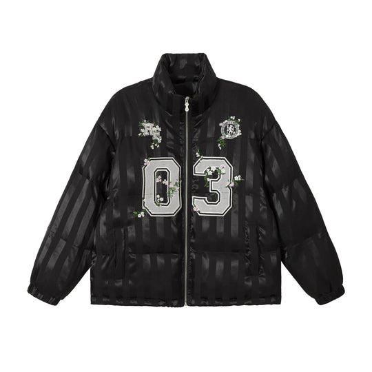Damen Boxy gesteppte Satin‑Pufferjacke mit floralem Stickdetail Nord Taschen
