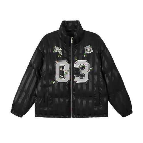 Damen Boxy gesteppte Satin‑Pufferjacke mit floralem Stickdetail Nord Taschen