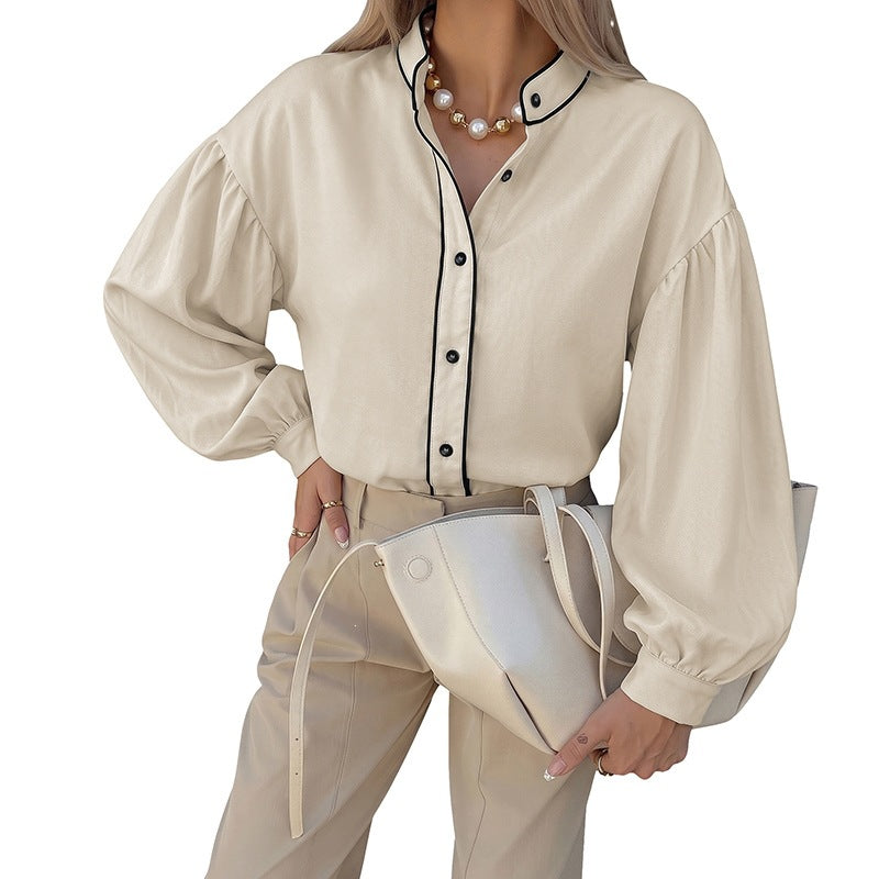 Damen Elegante Bluse mit Stehkragen und Puffärmeln Nord Taschen