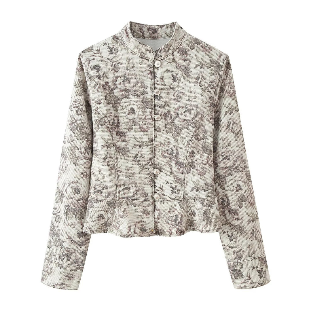Damen Taillierte Jacquard-Jacke mit Stehkragen und Schößchen Nord Taschen