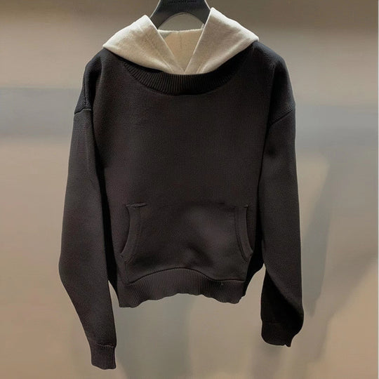 Unisex Grobgestricktes Lagenlook-Sweatshirt mit Kontrastkapuze und Kängurutasche Nord Taschen