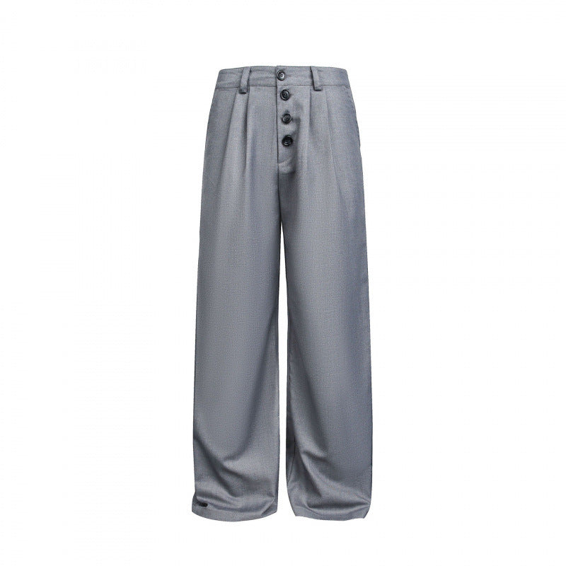 Damen Weite Bundfalten-Hose mit hoher Taille und sichtbarer Knopfleiste Nord Taschen