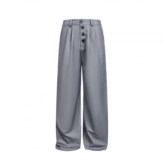 Damen Weite Bundfalten-Hose mit hoher Taille und sichtbarer Knopfleiste Nord Taschen