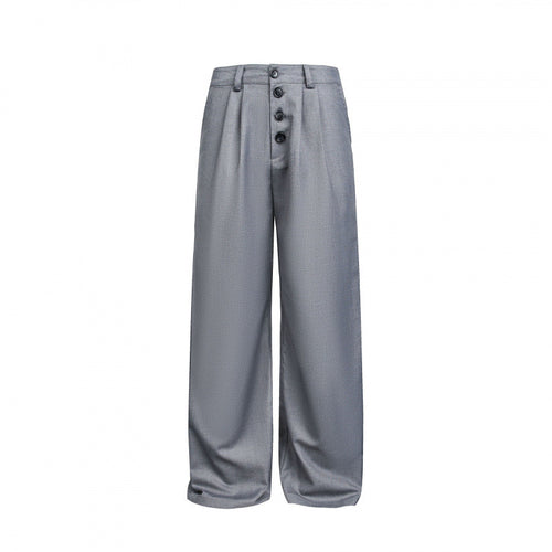Damen Weite Bundfalten-Hose mit hoher Taille und sichtbarer Knopfleiste Nord Taschen