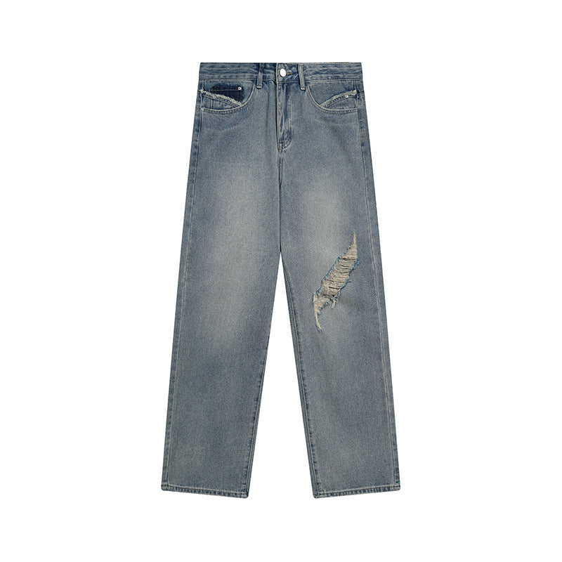 Damen Weite hochgeschnittene Denim-Jeans mit geradem Bein und Destroyed-Detail Nord Taschen