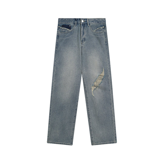 Damen Weite hochgeschnittene Denim-Jeans mit geradem Bein und Destroyed-Detail Nord Taschen