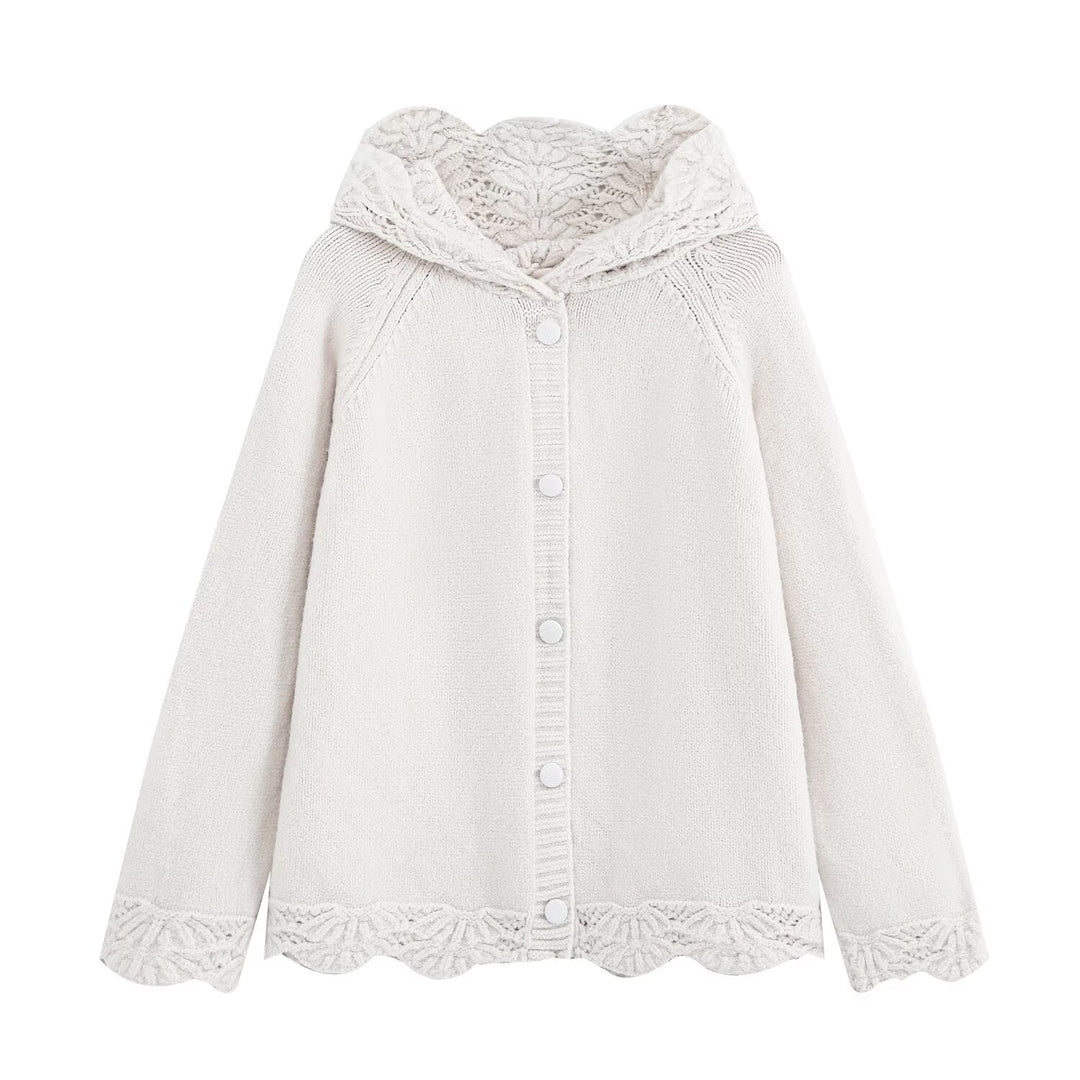 Damen Feinstrick-Cardigan mit Kapuze, Knopfleiste und gehäkelter Borte Nord Taschen