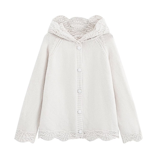 Damen Feinstrick-Cardigan mit Kapuze, Knopfleiste und gehäkelter Borte Nord Taschen