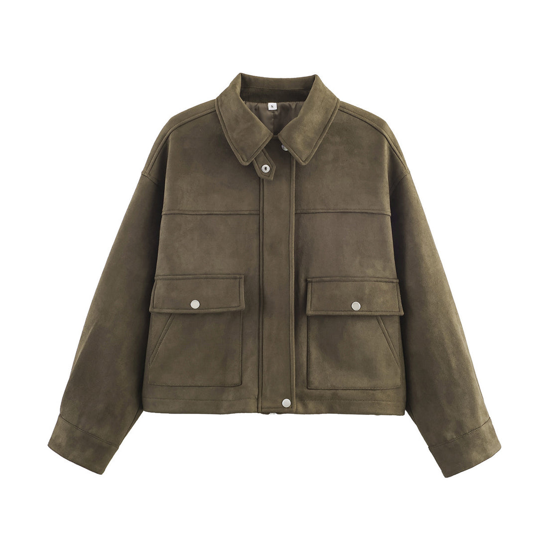 Damen Kurz geschnittene Wildlederoptik-Utility-Jacke mit aufgesetzten Klappentaschen Nord Taschen